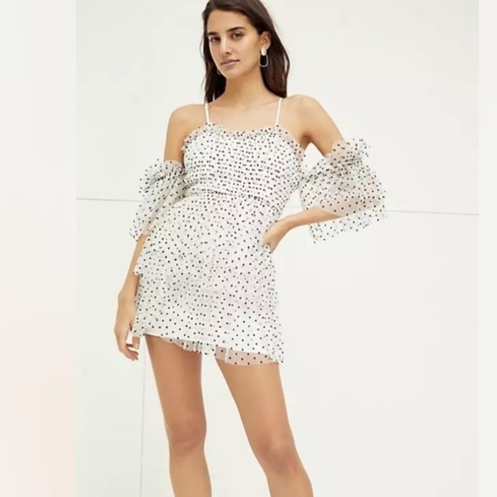 Alice‎ McCall White Polka Dot Tulle Mini Dress Cold Shoulder Tiered Ruffle US 4